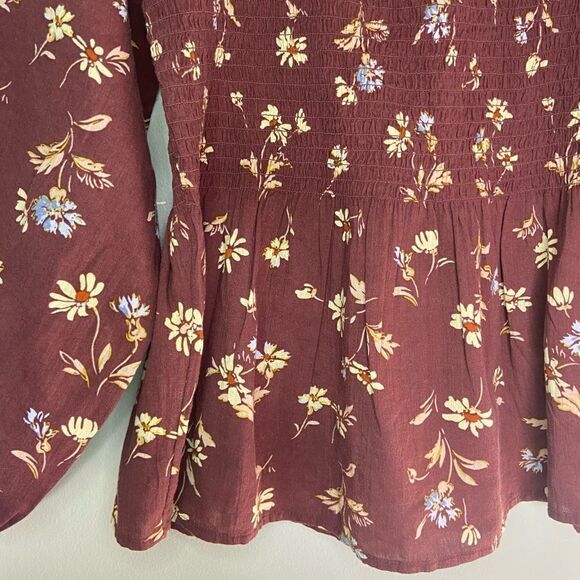 Madewell NWT Dark Merlot Floral Lucie Smocked Square-Neck Peplum Blouse Size 2 - Picture 4 of 8
